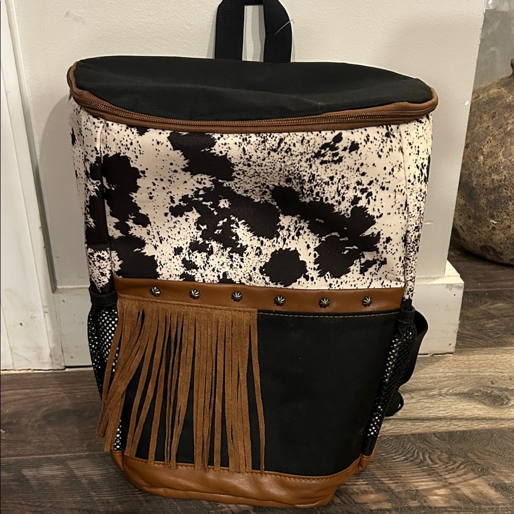 Chic Black and Brown Cooler Backpack with Fringe